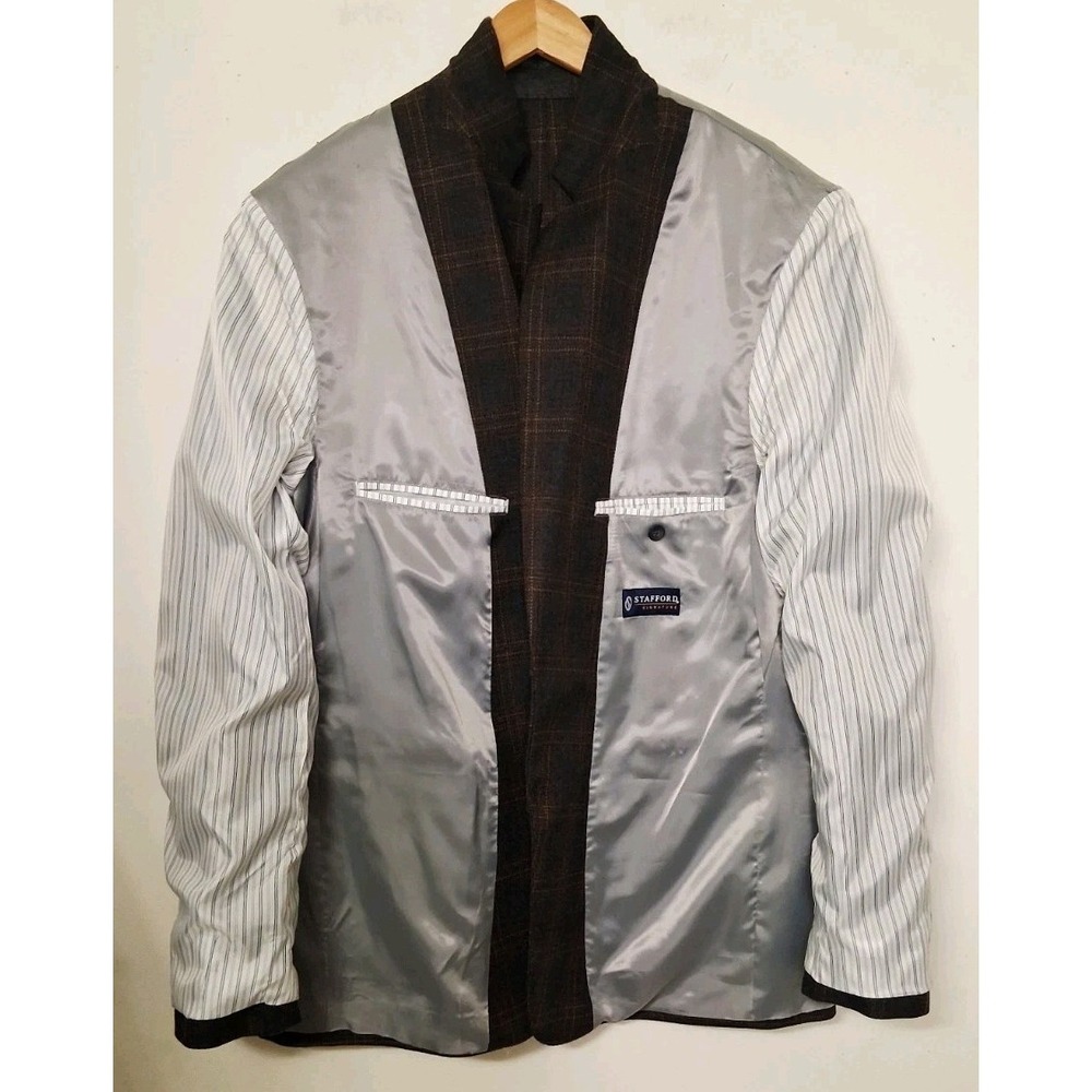 Stafford Plaid Blazer Classic Fit 46L‎ Brown Check Sport Coat Windowpane Jacket - Picture 5 of 10